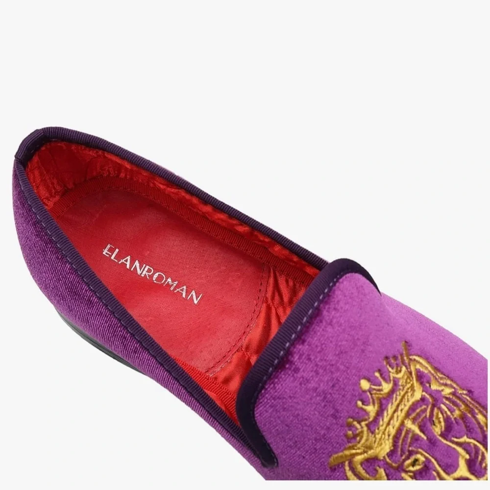NEW Men's Purple Velvet Embroidered Slip-On Loafers size 15  wedding  prom shoes